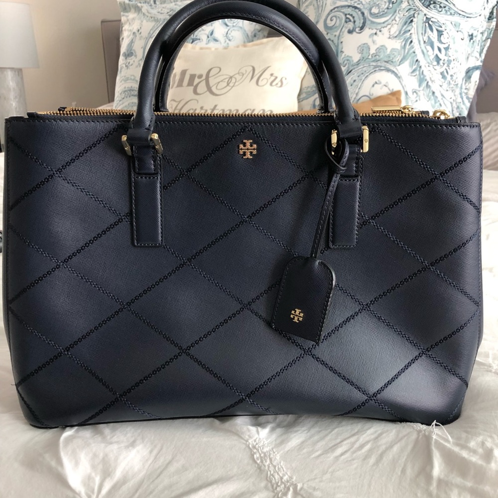 Tory Burch Double Zipper Navy Tote